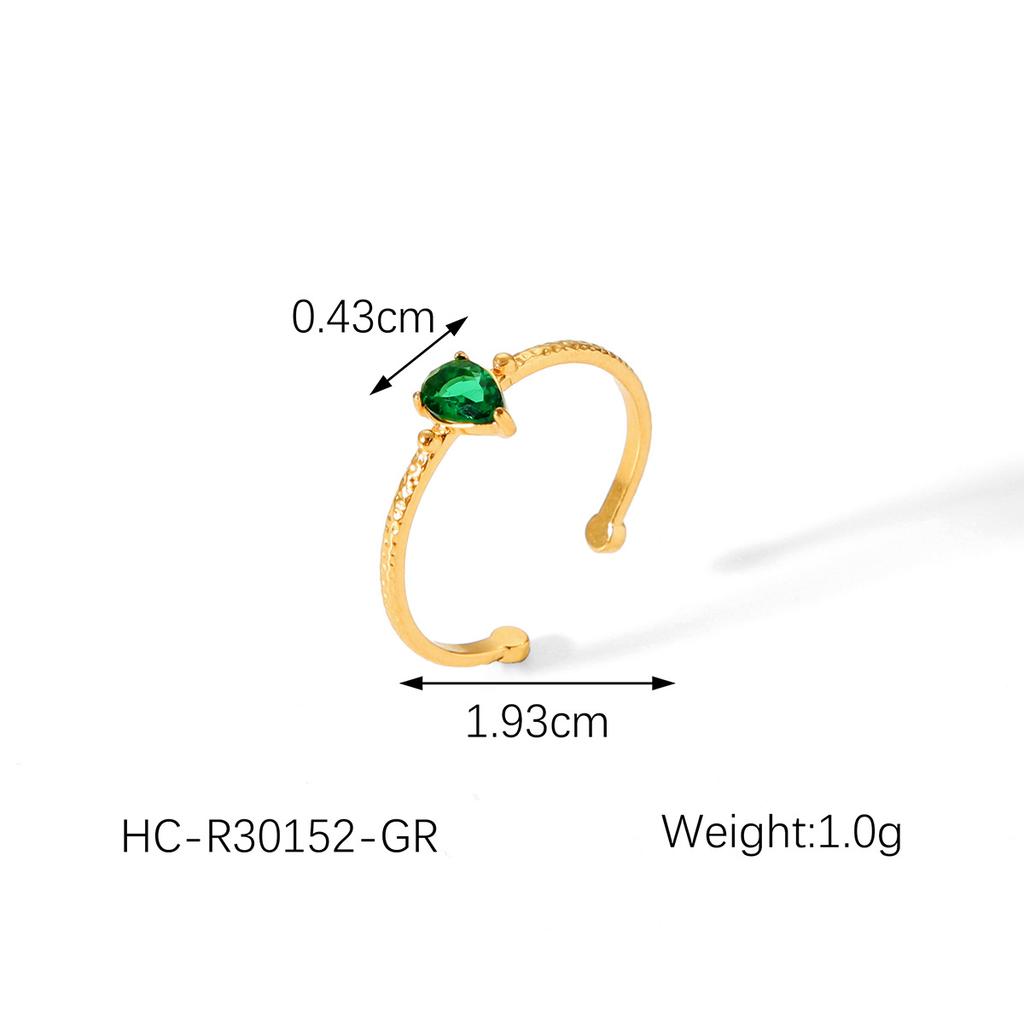 French Light Luxury 18K Gold Plated Stainless Steel Zircon Inlaid Retro High-end Teardrop Hammered Open Ring for Women