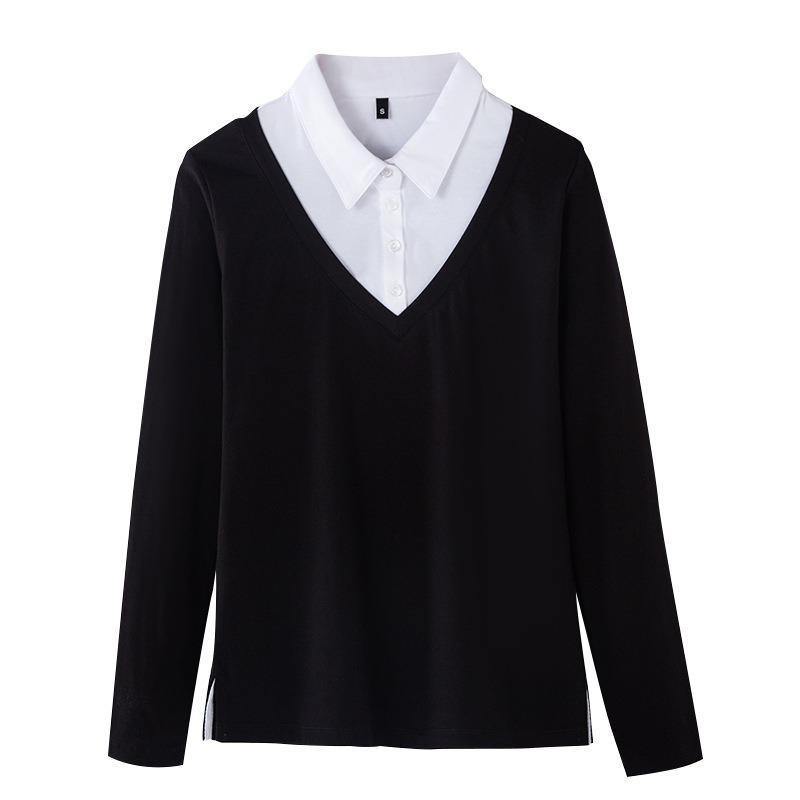 Dámské jarní a podzimní tričko ve velkých velikostech, trendy nové falešné dvoudílné s dlouhým rukávem, černé a bílé podšité, korejský styl, top, spodní tričko