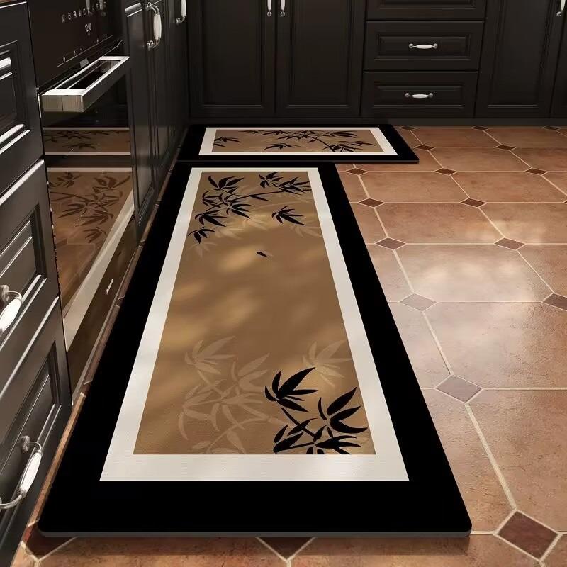 Kitchen Floor Mat Non-Slip Waterproof Oil-Proof Carpet Pvc Leather Black White Minimalist Texture Rug Long Ruler Home Decor Mats