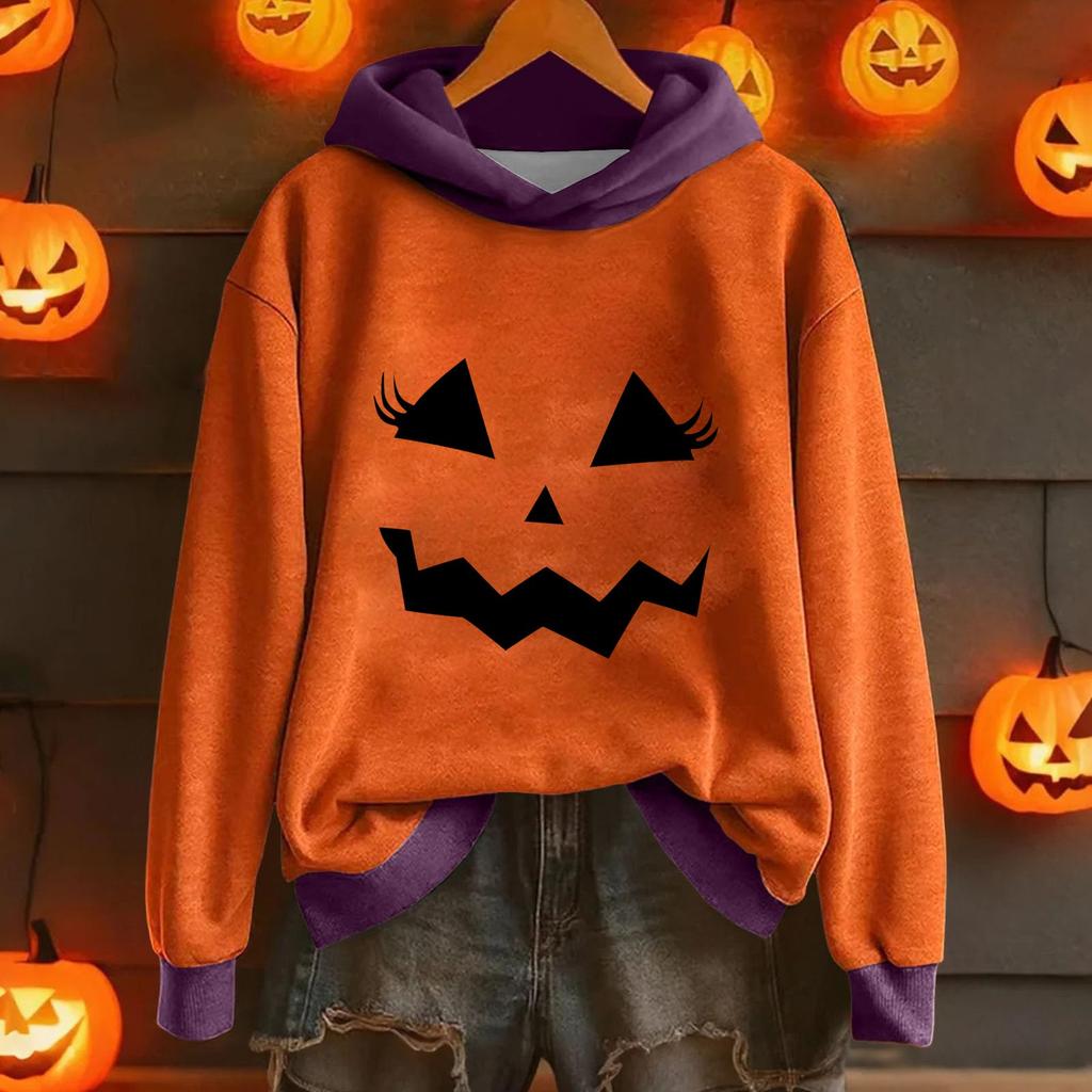 Ladies' Casual And Fashionable Halloween Printed Long Sleeved Hooded Warm Shirt Loose And Comfortable Hoodie
