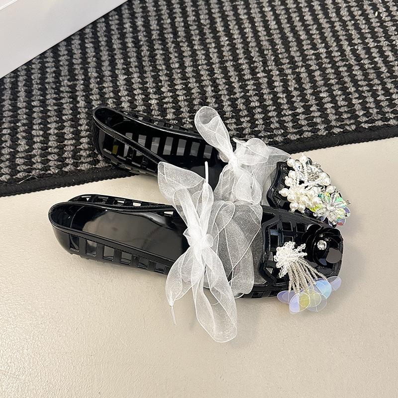 

2025 South Korea s popular jelly shoes hollow crystal single shoes square head niche transparent and comfortable flat-bottomed fairy hole shoes 40 чёрный