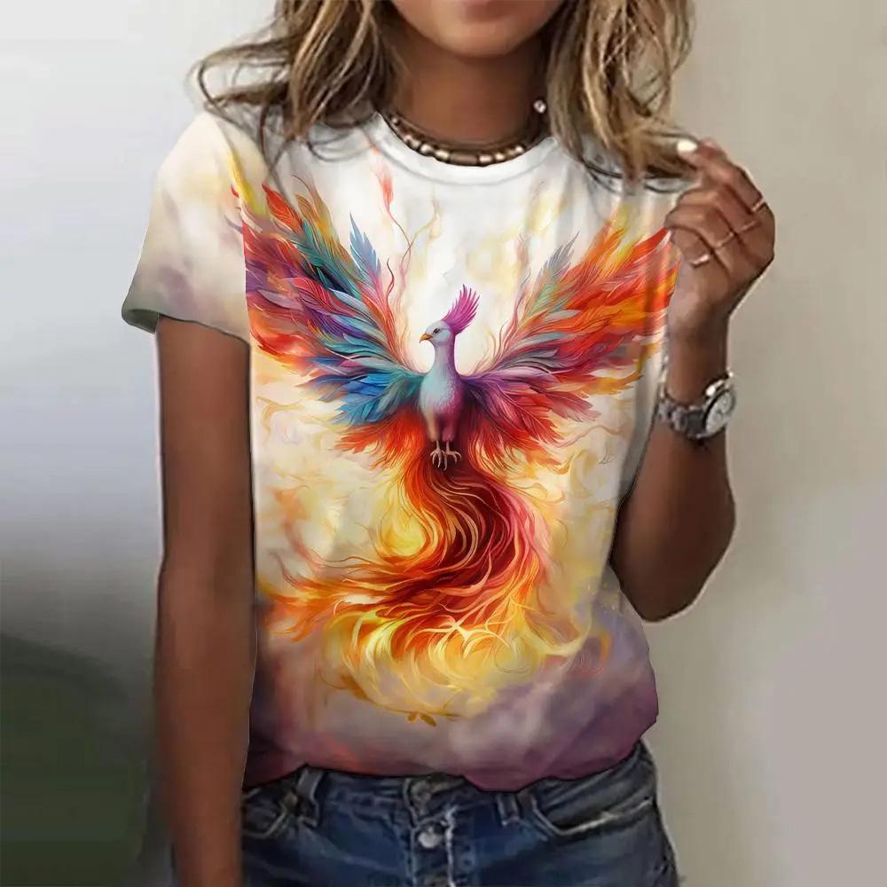 Summer Women's T-shirt Fashion Phoenix Pattern Top Trendy Short Sleeved Clothing Round Neck Loose Top Women's Party T-shirt