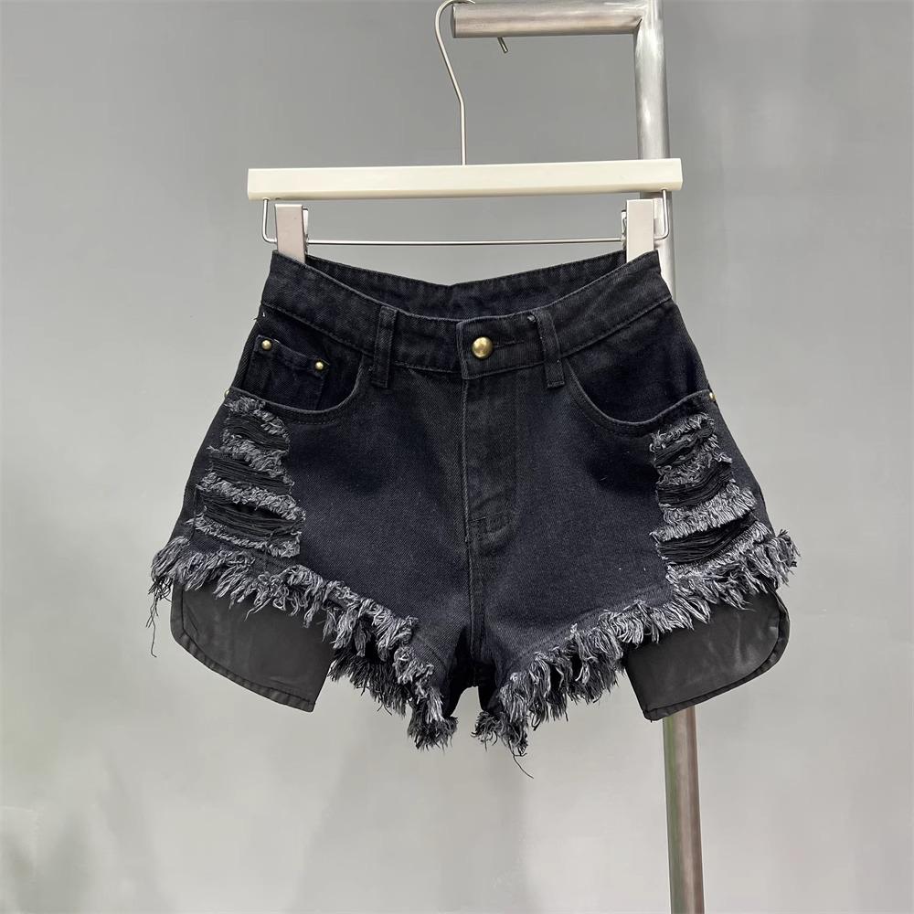 2026 Women's High-Waisted White Denim Fringed Shorts: Stylish A-line Summer Hot Pants