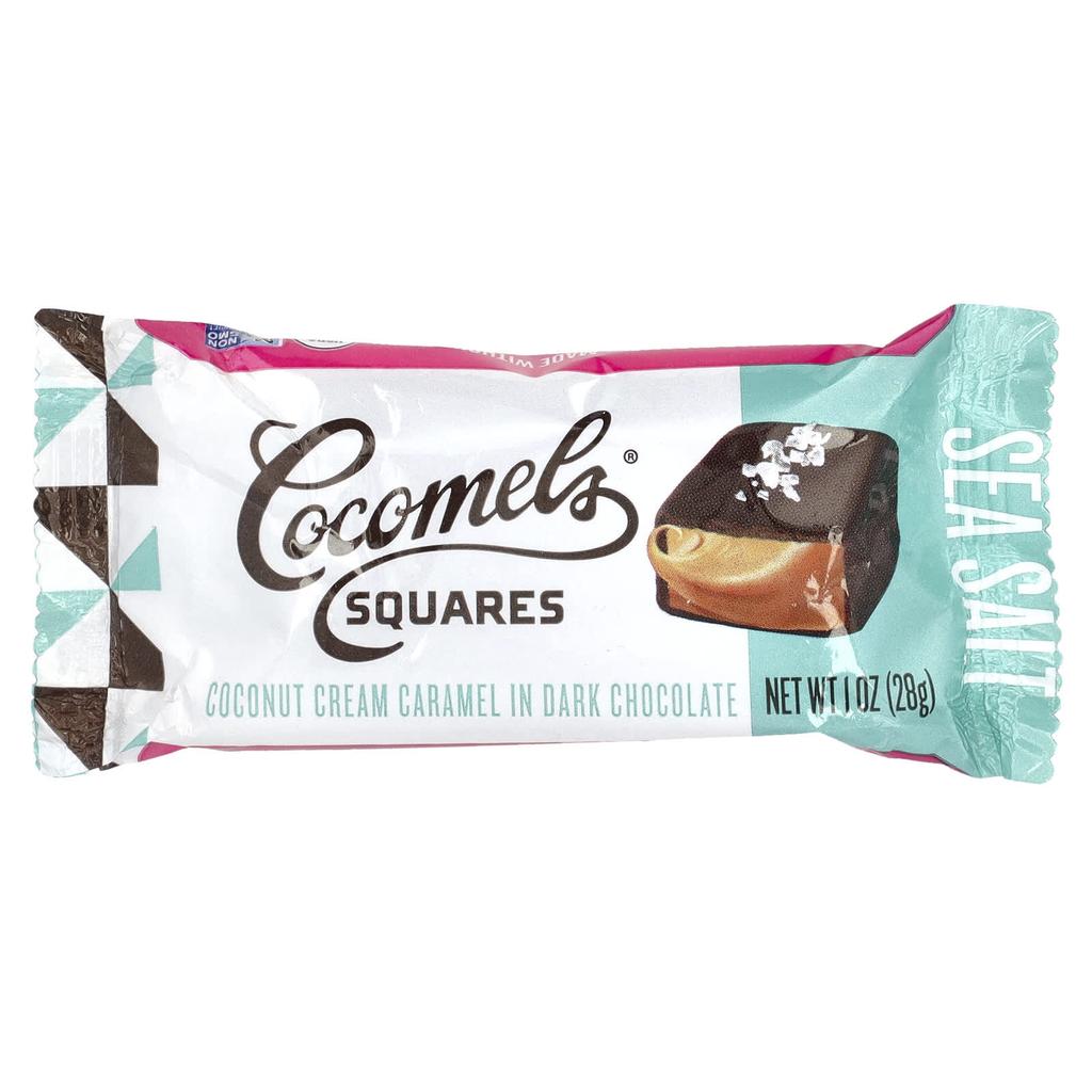 Cocomels, square, coconut cream caramel 70% dark chocolate, sea salt, 15 packs, 28g (1oz) each