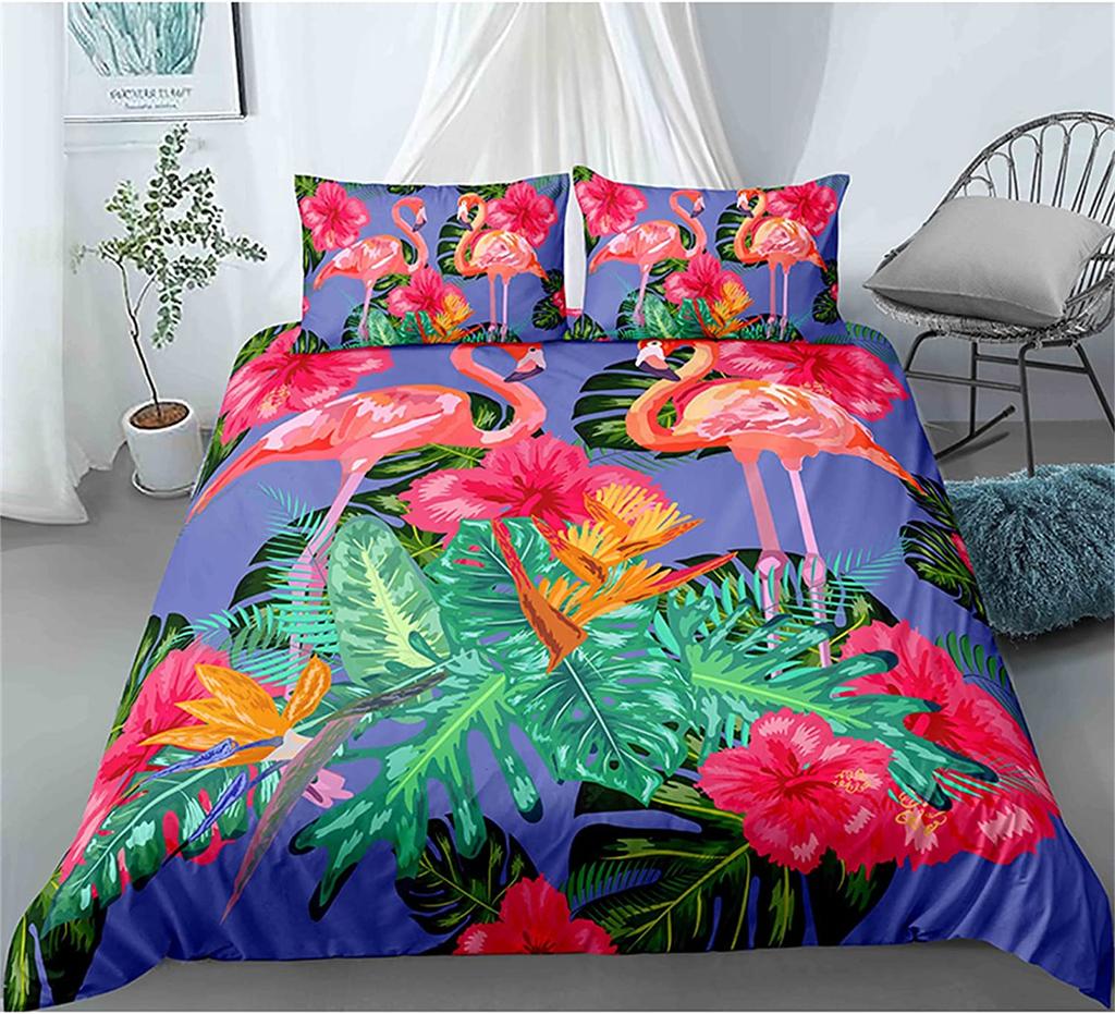 Red Flamingo Duvet Cover Set King Queen Size Polyester Comforter Cover Wild Animals For Kids Teens Animals Lovers Bedding Set