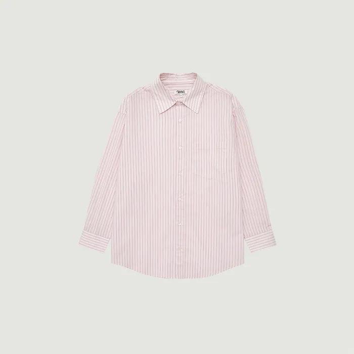Korean GR*VE Women s Mid-Length Striped Lapel Shirt with Back Slit and Buttons One Size