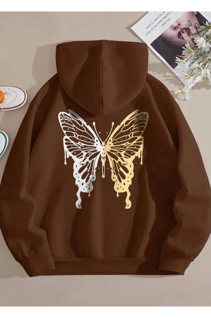 Women's Style Big Size Sweatshirt Plus Size Special Design Hooded Back Butterfly Printed 3 Thread Oversize Sweatshirt