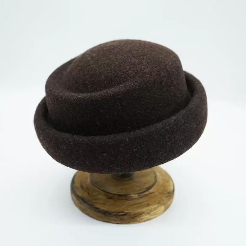2026 New Autumn Winter Wool Retro Rolled Edge Beret Japanese Style Women's Fedora Hat French Elegant Wedding Church Pillbox Hat