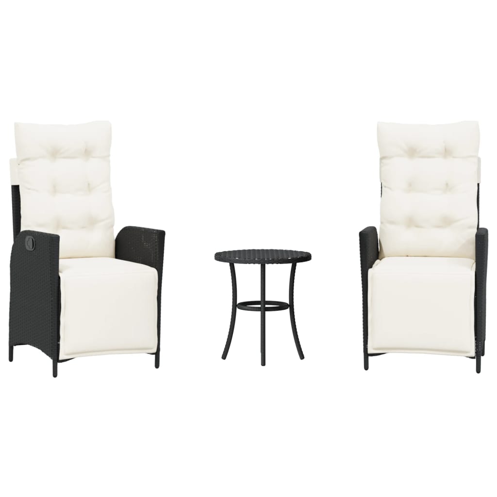 3 Piece Bistro Set with Cushions Black Poly Rattan