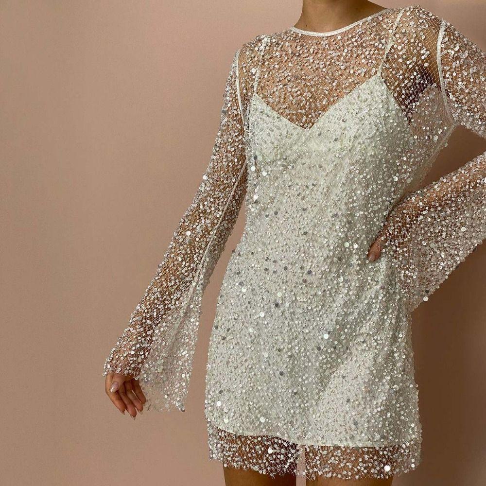 Transparent Shining Sequin Mini Dress V-neck Short Evening Dress  Ladies/Girl