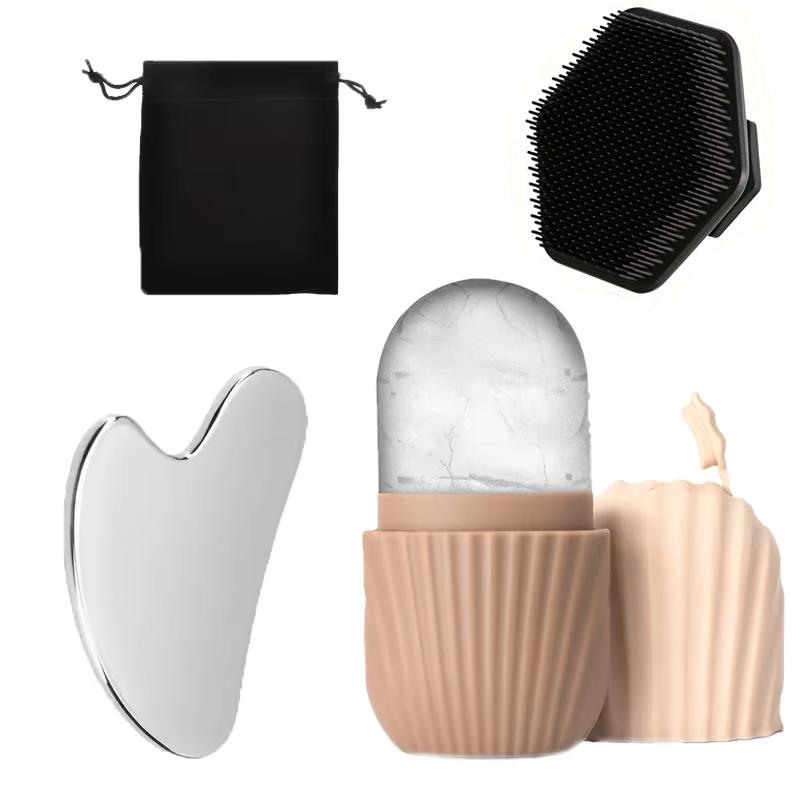 4Pcs Ice Roller Gua Sha Facial Brush Set Stainless Steel Massager for Face Puffiness Relief Skin Care Kit Beauty Skin Care Tool