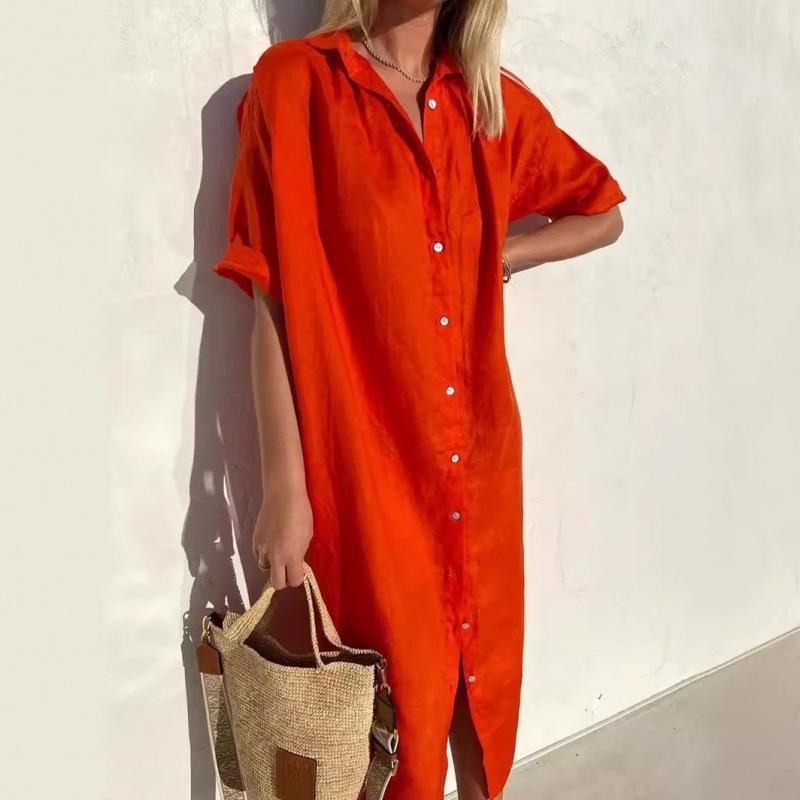 Abito Chemise Midi in Lino da Donna Bottoni Frontali Completi Tasche Laterali Spacco Laterale Oversize Ampia Tunica Traspirante Elegante Copricostume da Spiaggia Vestito Estivo