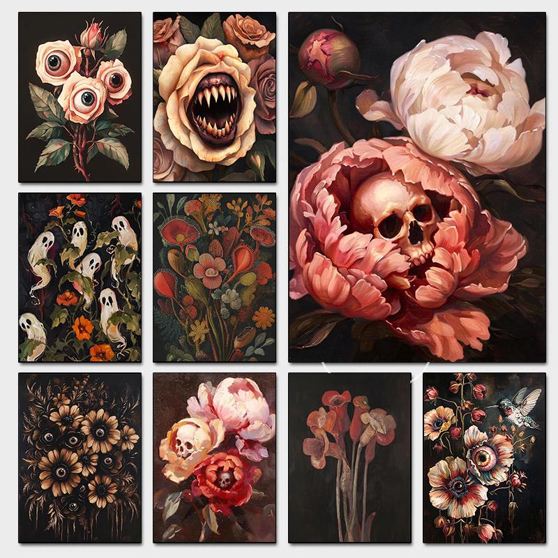 Surreal Skull Flower Gothic Posters Botanical Floral Eyeball Rose Vampire Prints Canvas Painting Wall Pictures Home Room Decor