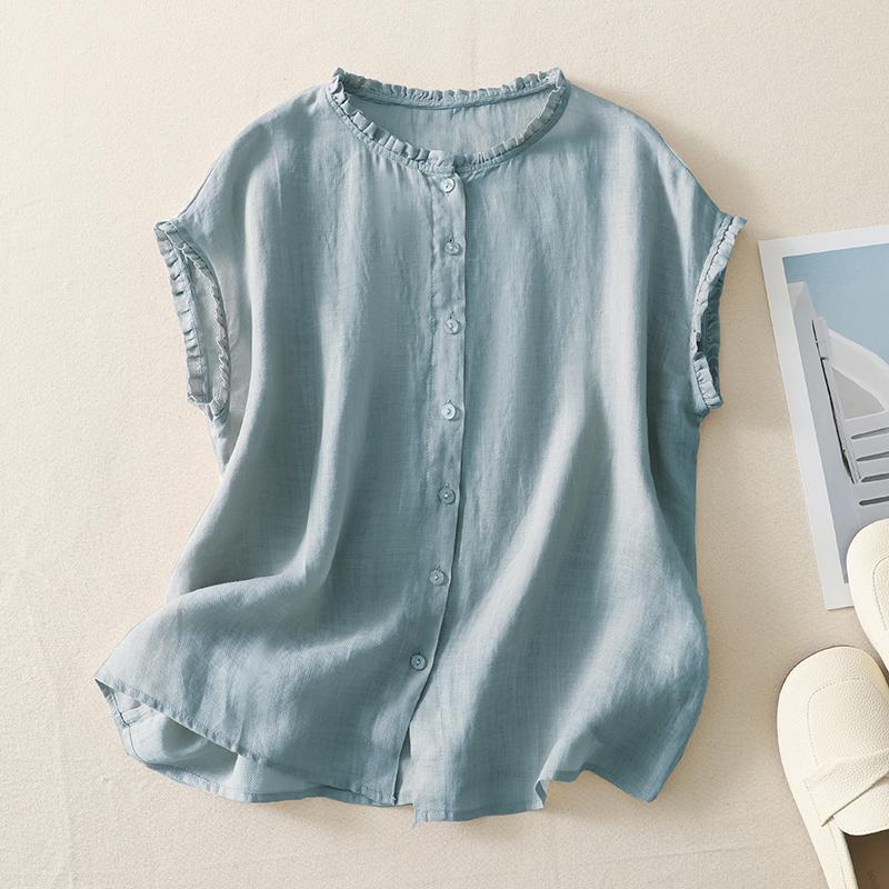 Japan Korean Style Summer Solid Color Cotton Linen Shirt Women O-Neck Sleeveless Casual Loose Vest Blouse Tops
