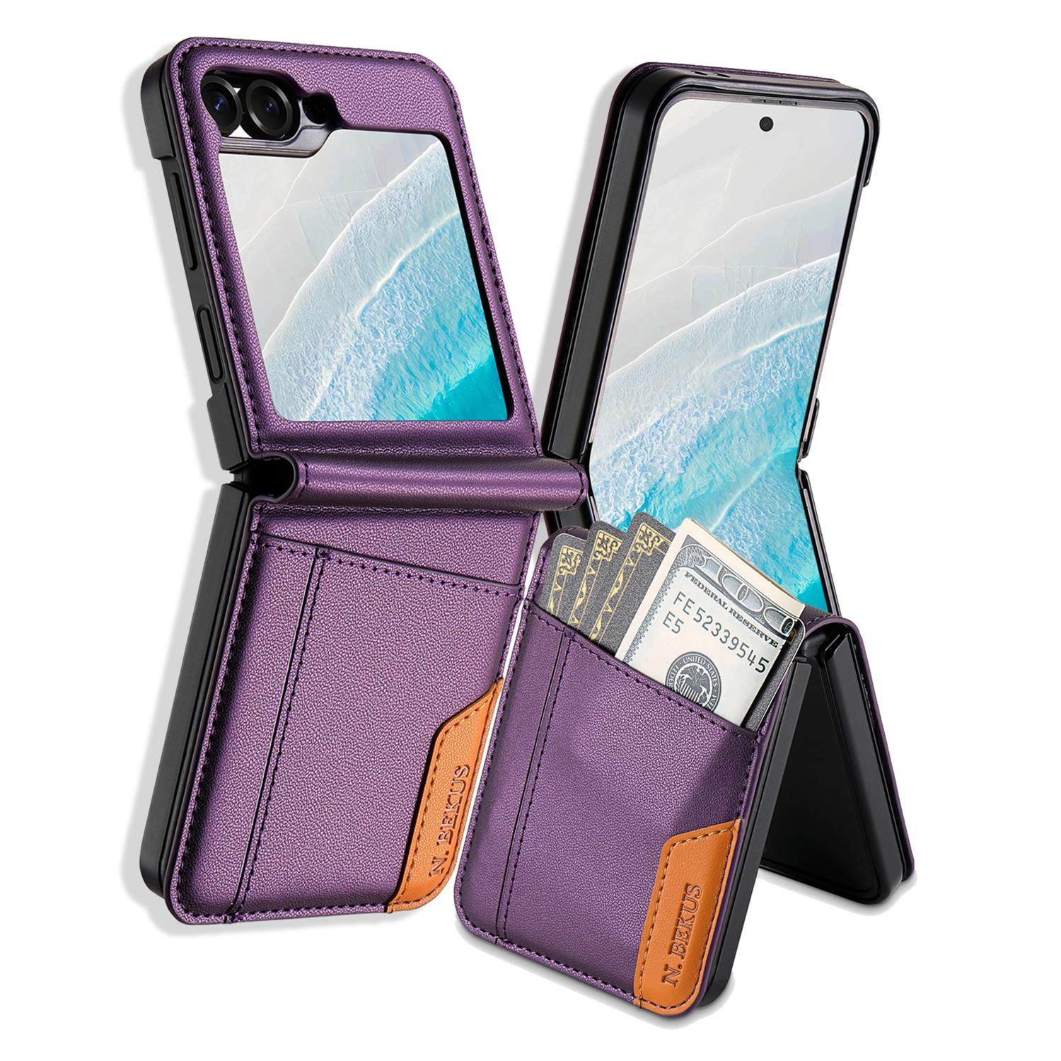 

N.BEKUS For Samsung Galaxy Z Flip6 5G/Flip7 FE 5G Case Card Slot PU+PC Phone Back Cover Purple