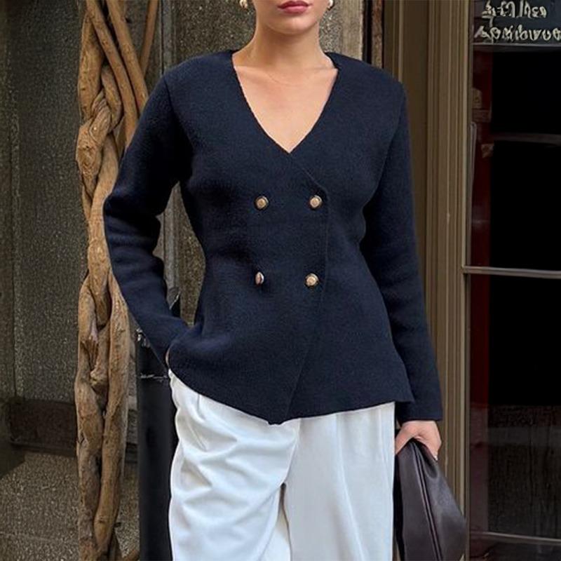 

Модный простой шерстяной жилет с длинным рукавом Женская одежда 2025 Осень и зима S темно-синий