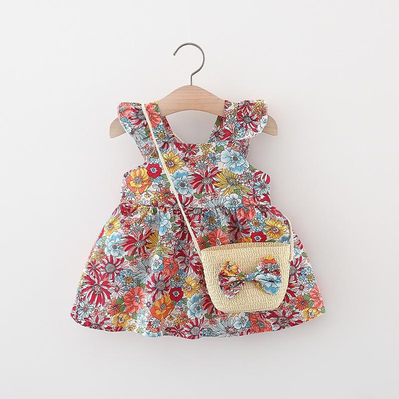 Summer Baby Girl Flutter Sleeve Dress with Bag - Princess Toddler Outfit, All-Over Print.