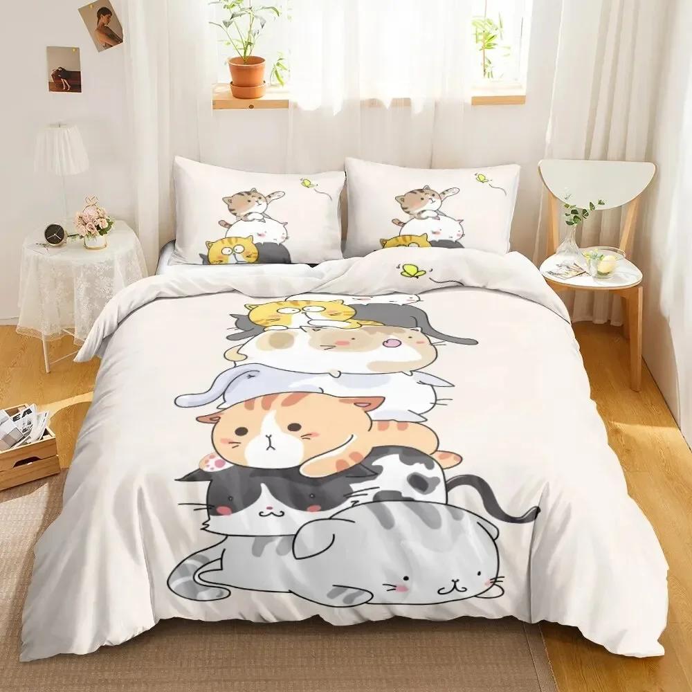 Cat Cartoon Cute Kitten Comfortable Duvet Quilt Cover Pillowcase Bedding Set Children Bedroom Decoration Home Textile