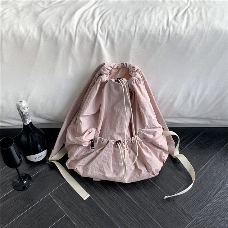 Korean Drawstring Pleated Backpack Women Light Simple Casual Schoolbag Large Capacity Fashionable Nylon розовый