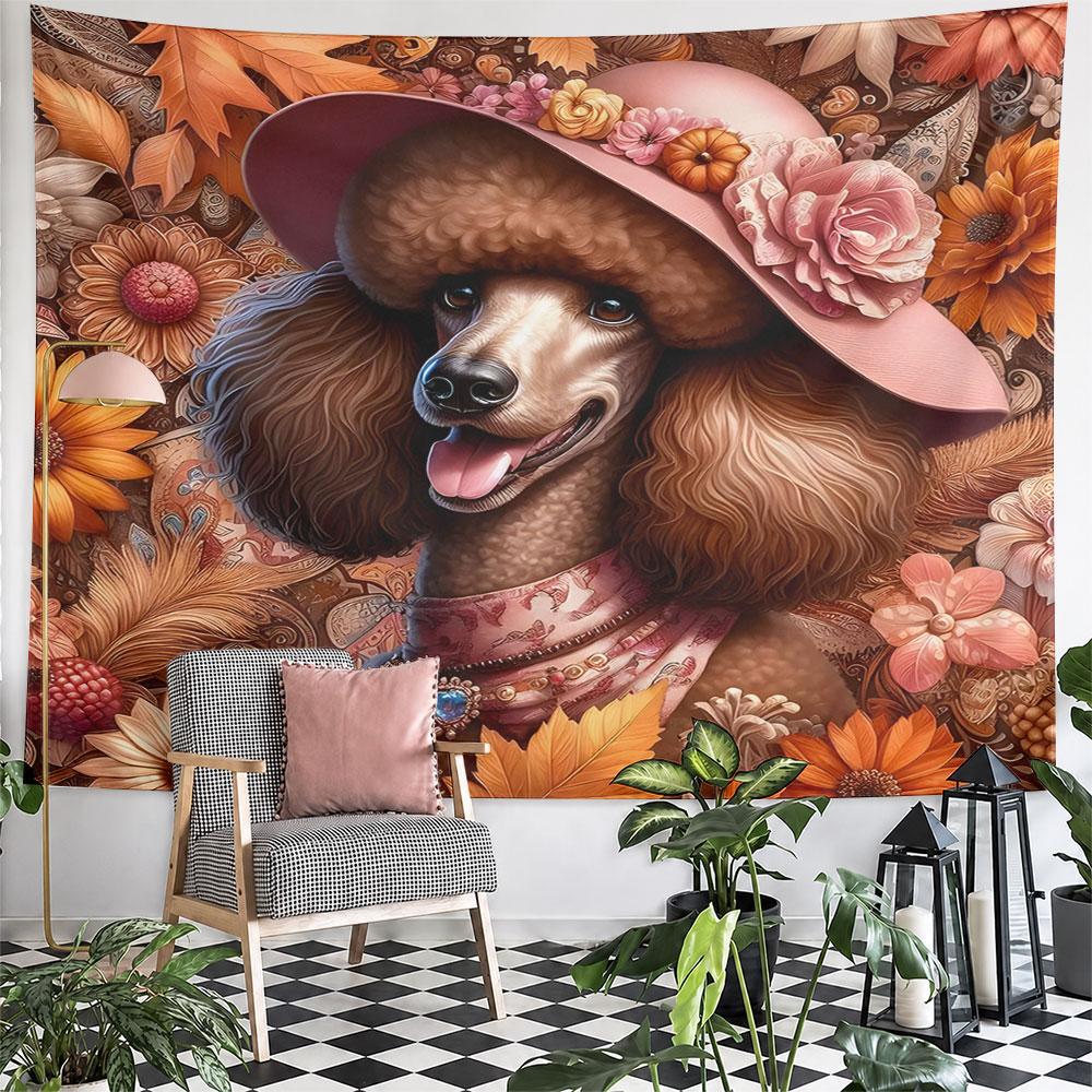 Poodle with Pink Hat and Floral Design Pattern Wall Hanging Tapestry Decorative Tapestry Home Decor for Bedroom and Living Room
