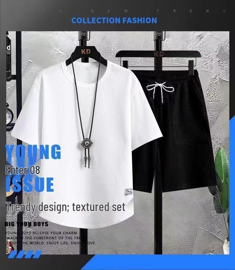 Men's Summer Waffle Casual Shorts Set - Loose, Fashionable, Short-Sleeved Two-Piece Suit for Teens