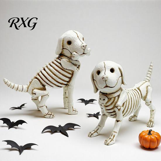 Cute Bone Texture Decor Skull Puppy Resin Figurine, Halloween Retro Skeleton Dog Statue, Creative Holiday Yard Ornaments Gothic Desktop Ornament