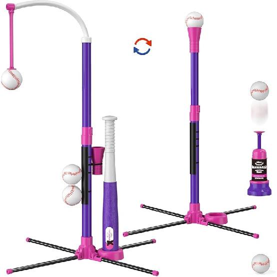 3-in-1 Baseball Set for Kids 3-5 - Tee Ball Stand, Hanging Tee, Ball Launcher and 6 Softballs - Adjustable Height, Indoor/Outdoor Sport Gifts for