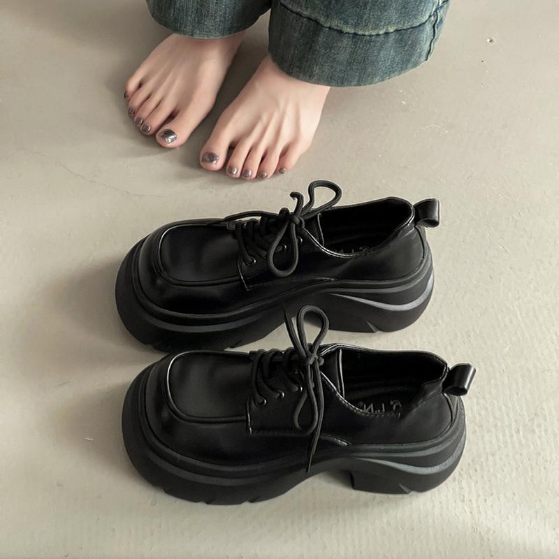 British Casual Small Leather Shoes 2025 Autumn New Heightened Platform Wedge Heel Small Lace-up Loafers Single Shoes