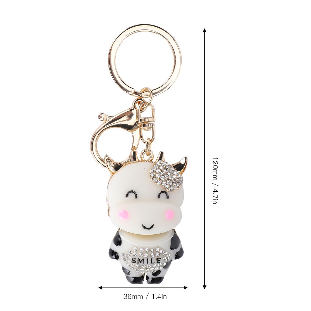 2Pcs Keychain Pendant Cartoon DiamondStudded Resin Small Cow Shape Metal Key   Decoration(White )