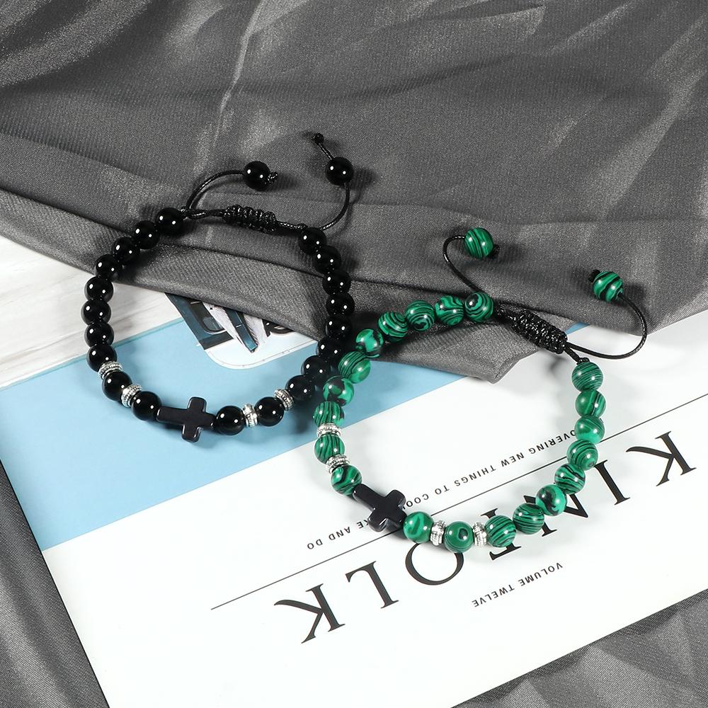 Men Women Braided Bracelet 8MM Natural Stone Christian Bless Jesus Cross Hematite Bead Bracelets Bangles Prayer Handmade Jewelry