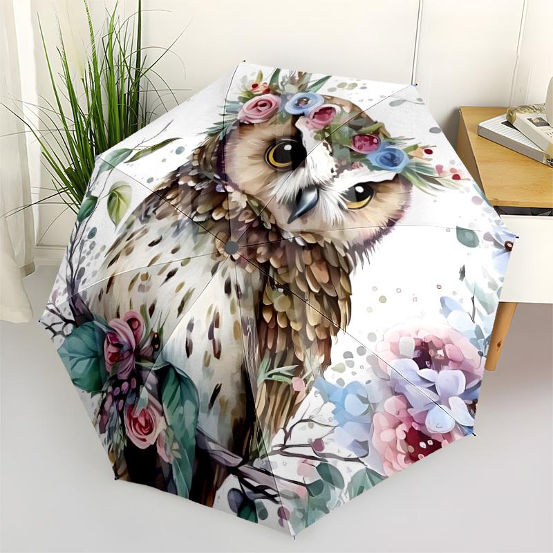 1pc Floral Owl Decor Auto-Fold Umbrella with One-Touch Open/Close - 8 Reinforced Ribs for Windproof Stability yy251118144