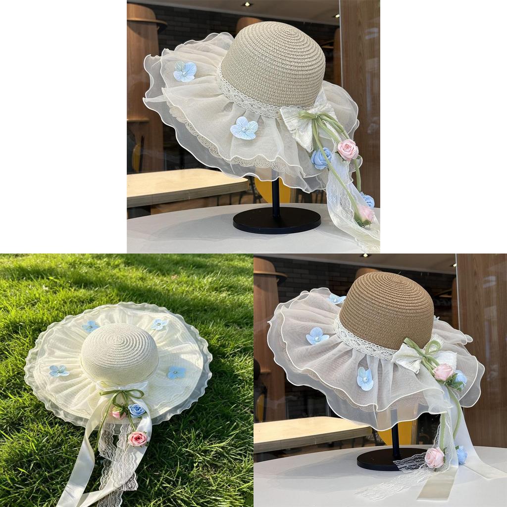 Summer Straw Hat For Women With Lace Bow Sun Protection Beach Vacation
