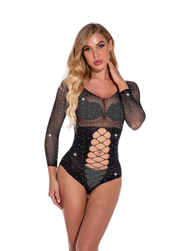 Stylish Black Fishnet Lingerie: Sexy See-Through Bodysuit with Tempting Hollow Design