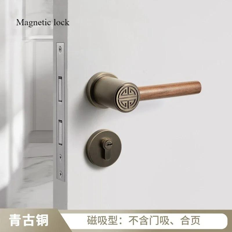 Metal Safety Door Lock Walnut Wood Handle Retro Bedroom Silent Locks Universal Split Locks Indoor Magnetic Lock Door Hardware
