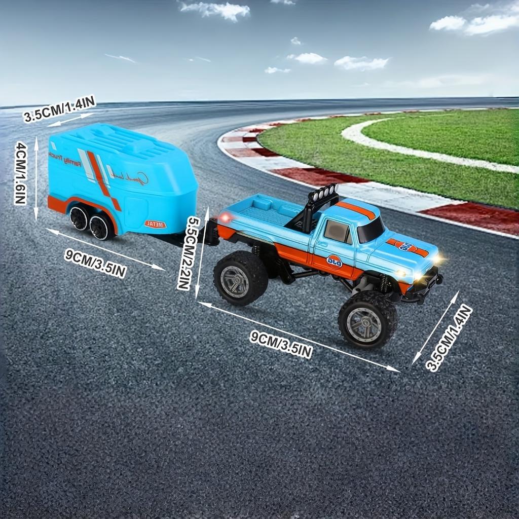 1:64 Scale Mini RC Truck Toy 2.4GHz Off-Road Alloy Truck with Trailer Body Lights Crawler Toy Adjustable Speed Steering Collectible Truck Model Gift