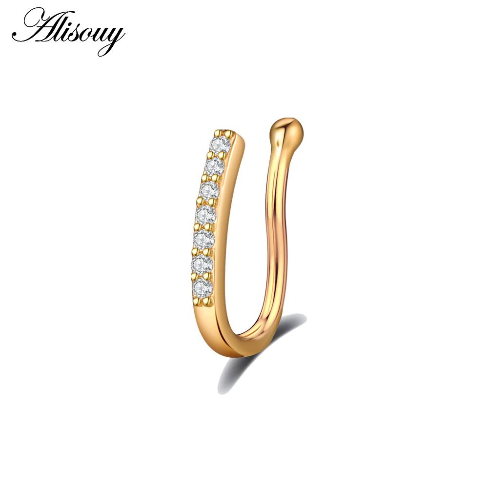 Alisouy 1pc Zirconia Fake Piercing Clip Nose Ring Body Jewelry for Women Ear Cuffs Heart Cross Star Leaf Flowers Clip Nose Rings