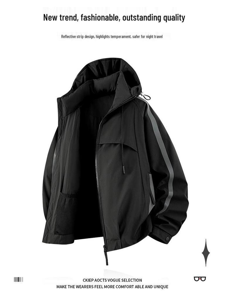 Men's Hooded Down Jacket with Stripes - Winter Casual Outerwear for Cold Protection and Mountaineering