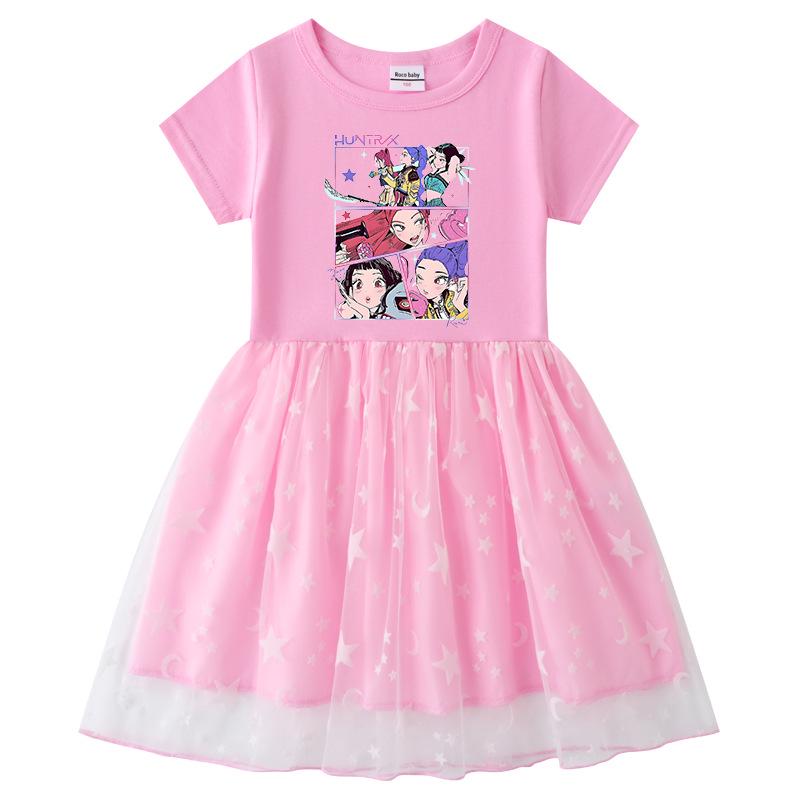 Vestido de Princesa Kpop Demon Slayer para Niñas con Lentejuelas Arcoíris y Malla, con Mangas Largas y Cortas para Primavera, Verano y Otoño.