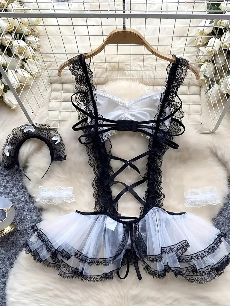Naughty Maid Uniform Role Play Costume Bodysuit for Women Sexy Lingerie Bow Lace Suspender Dress Cosplay Underwear
