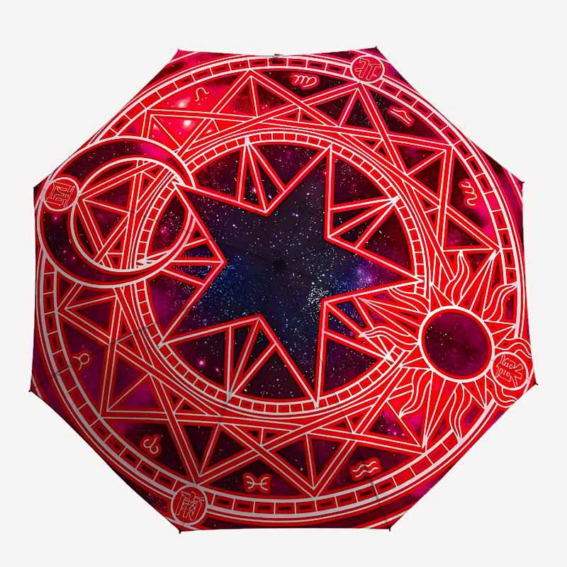 Enchanted Red Star Mandala Sticker: Mystical Design Umbrella, Portable 3-Fold Umbrella for Men & Women,Christmas Gift ES300