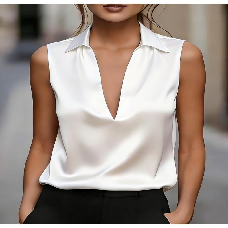 Damen Unifarben Satin V-Ausschnitt Ärmellos Lässig Bluse Top