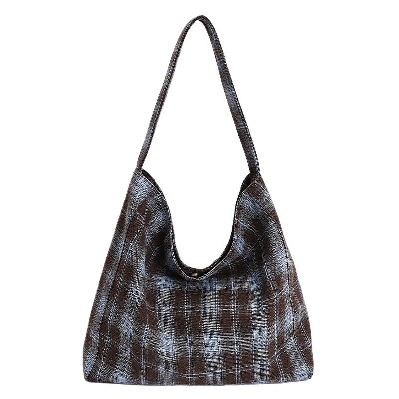 Large capacity plaid canvas bag women's 2025 new autumn and winter retro casual niche shoulder bag commuter tote bag