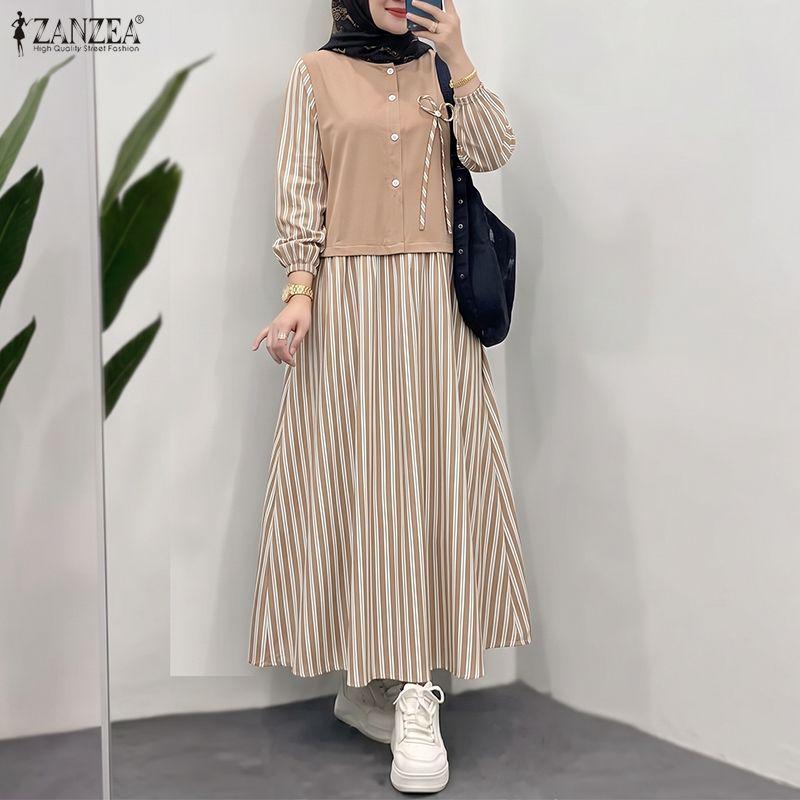 ZANZEA Women Casual Round Neck Long Sleeve Stripe Splice Loose Long Dress