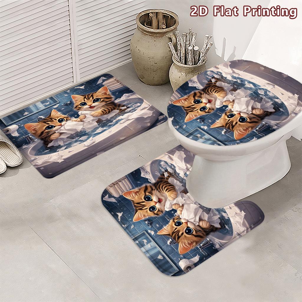 4Pcs Adorable Kittens Shower Curtain Set with Non-Slip Bath Mat, Toilet Lid Cover, Contour Rug & 12 Hooks, Bathroom Decor
