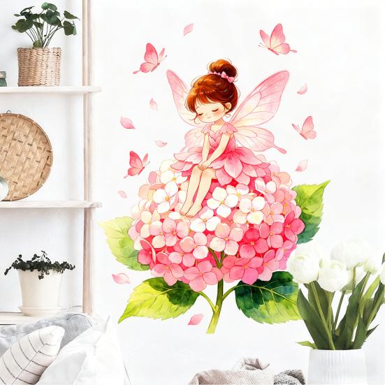 Blomsterfe Vægklistermærke, Store Lyserøde Hortensia Sommerfugl Vægdekorationer, Afskal Og Klæb Vægmaling Kunst til Piger Værelse Soveværelse Børneværelse Legeværelse