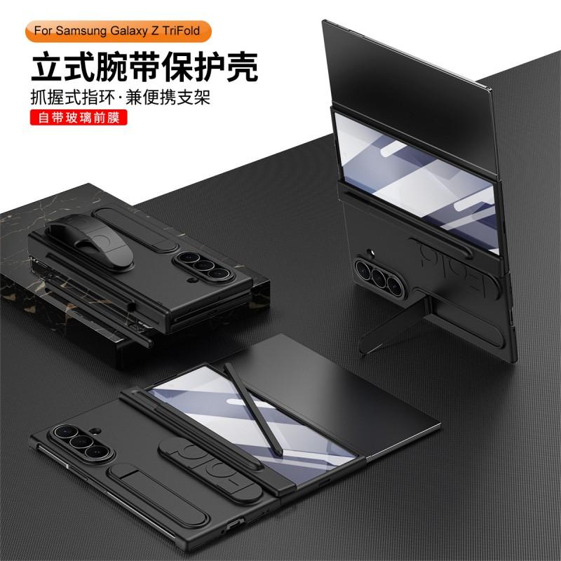 TriFold Phone Case With Wrist Strap Pen Slot Hinge Cover Galaxy Z Fold Series Shockproof PC Protective Shell