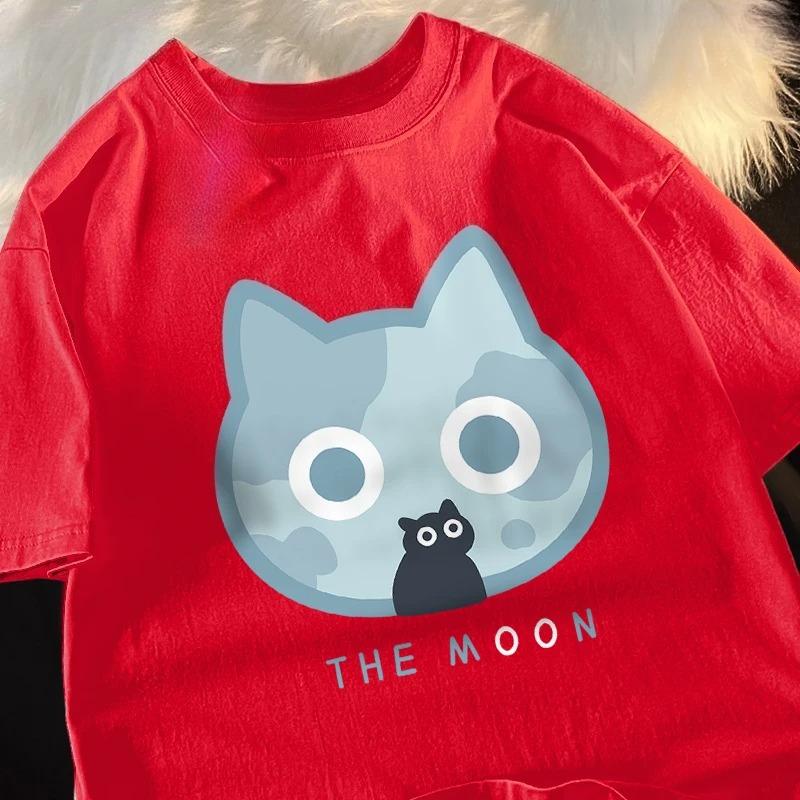 

The Moon Blue Cat Printed Cute T-Shir Cartoon Clothing Soft Sports Casual T-Shirt Fit Clothing for Summer Woman Clothing XL червоний