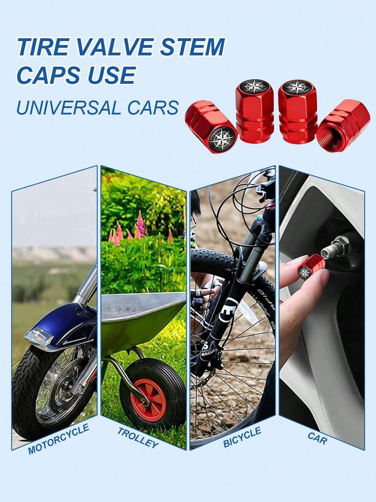 4Pcs Compass Aluminum Alloy Valve Caps, Hex Leak-Proof Tire Valve Covers, Stylish Wheel Hub Accessories