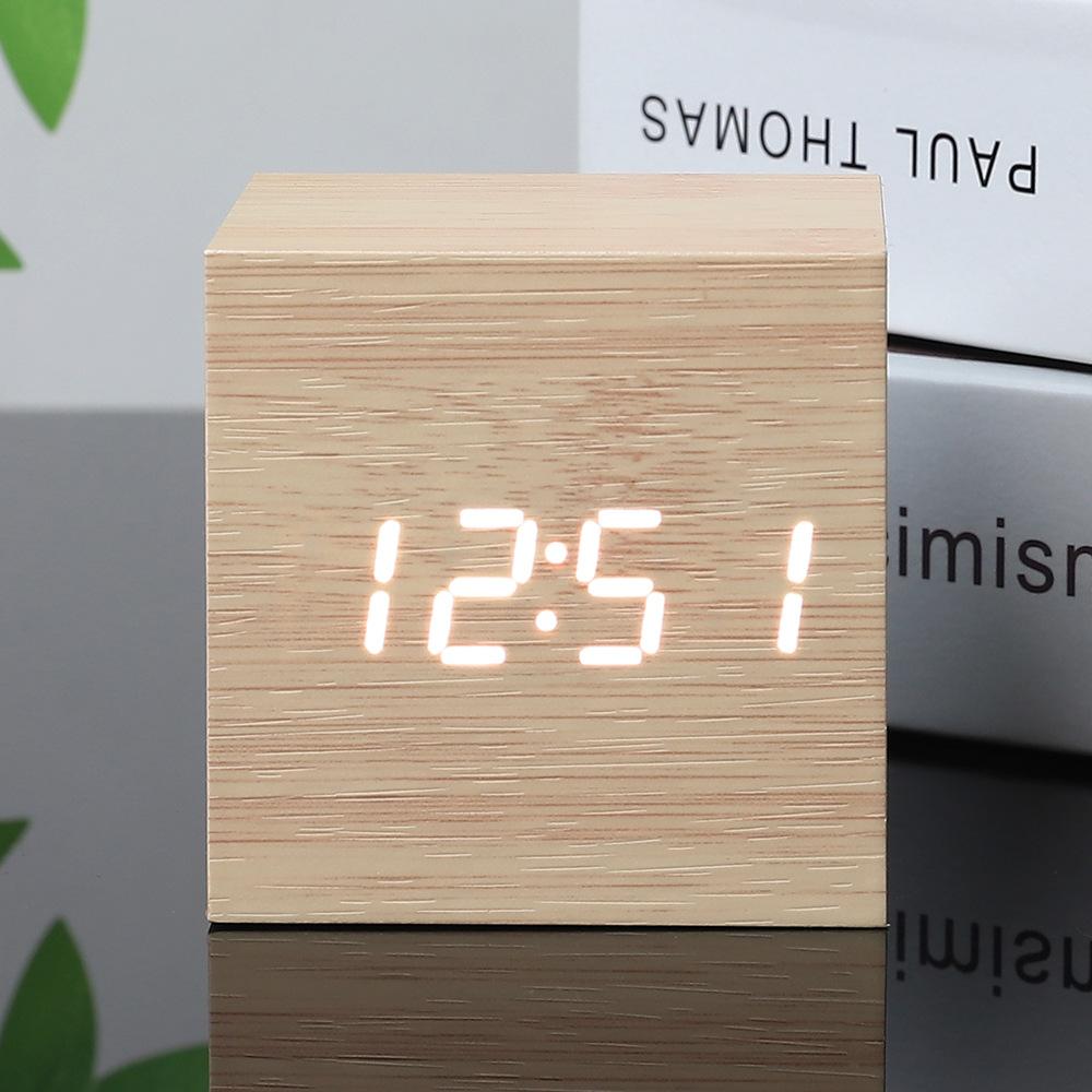 Wood Clock Creative Electronic Clock Square Digital Clock Mini Small Alarm Clock Thermometer Bedside Clock