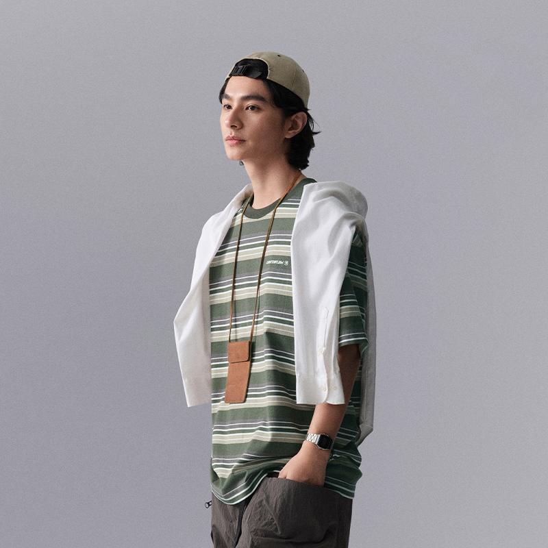 Li Ning CF Water Flow Full Print Striped Round Neck Pullover Comfortable Cool Loose Short Sleeve T-Shirt Men T-Shirts Dark-Green ATSU631-1